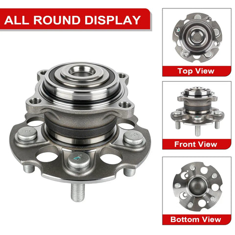 Heavy Duty Rear Wheel Bearing And Hub Assembly With 5 Lug Setup, built tough, showing top, front, and bottom views, pre-greased.