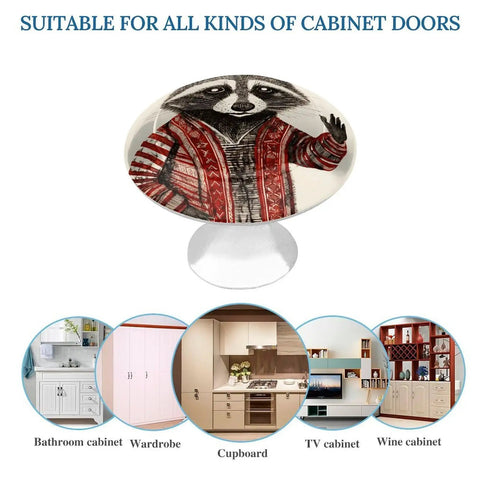 2 Pack Super Slick Red Raccoon Painted Drawer Knobs With Hella Tough 1.1 Inch Stainless Steel Base shown on cabinet doors.