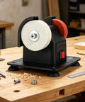 Real Deal Bench Grinder And Table Polisher Station Engineered For Swift Burr Removal Precision Blade Sharpening And Sleek Metal Polishing In Your Home Shop on a workshop table.