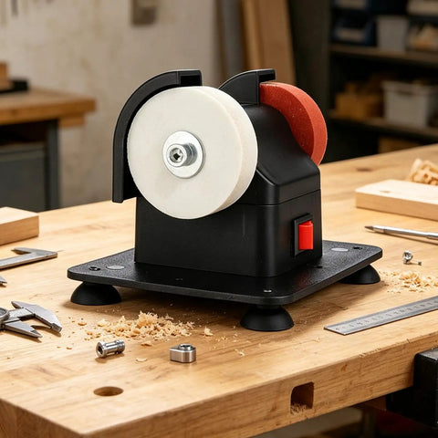 Real Deal Bench Grinder And Table Polisher Station Engineered For Swift Burr Removal Precision Blade Sharpening And Sleek Metal Polishing In Your Home Shop on a workshop table.