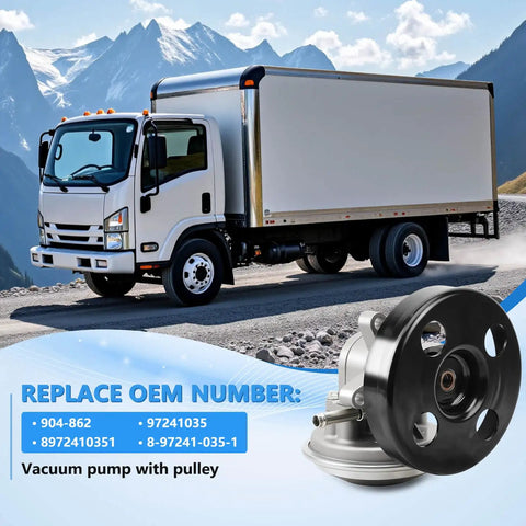 Rugged Isuzu NPR Vacuum Pump With Pulley Direct Drop In Replacement For NPR L96 LQ4 L31 L05 3.0L 3.9L 4.8L 5.7L 6.0L Engine shown in outdoor truck setting.