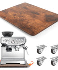 Ridiculously Smooth 360 Degree Rolling Appliance Slider Tray For Coffee Maker With Quiet Swivel Casters Countertop Storage Slide Cart Brown wood platform with coffee maker and casters.
