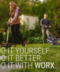 Couple using lawn care tools in garden, with text reading 'Do It Yourself. Do It Better. Do It With Worx.'