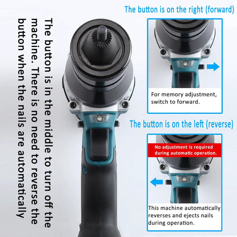 Powerful Heavy Duty Pro Grade Cordless Rivet Nut Gun With Dual 26V Batteries And Brushless Motor controls and buttons for operation overview.