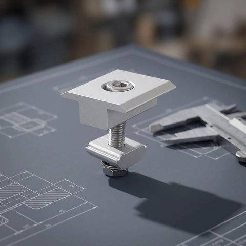 Premium Aluminum Solar Panel Mid Clamp Bracket for Roof Mount No Drill Setup No Sweat Slide Nut Design, detailed view on blueprint.