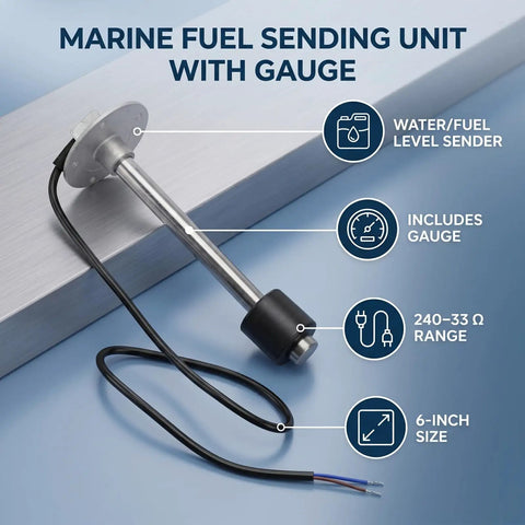 Slick Marine Fuel Level Sensor And Dashboard Gauge 240 To 33 Ohm With Rust Proof Stainless Sender 152 mm visible, includes gauge and sending unit.