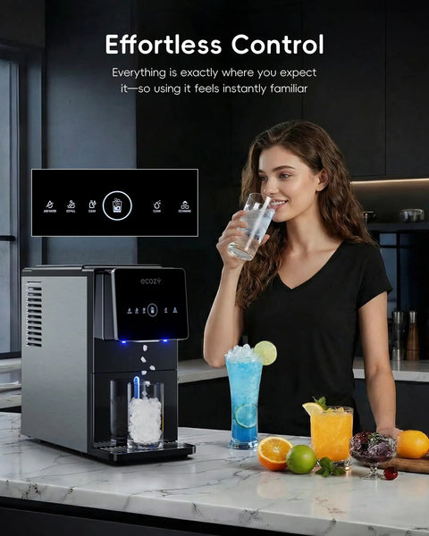 Woman using Nugget Ice Maker With Touchless Dispenser For Home And Office Use, 40 Lbs Per Day Countertop Ice Machine
