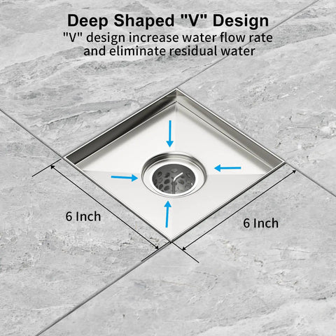 6 Inch Square Shower Drain With Brushed Nickel Surface Premium 304 Stainless Steel Build Features Smart Hair Catcher delivering fast drainage with deep V design.