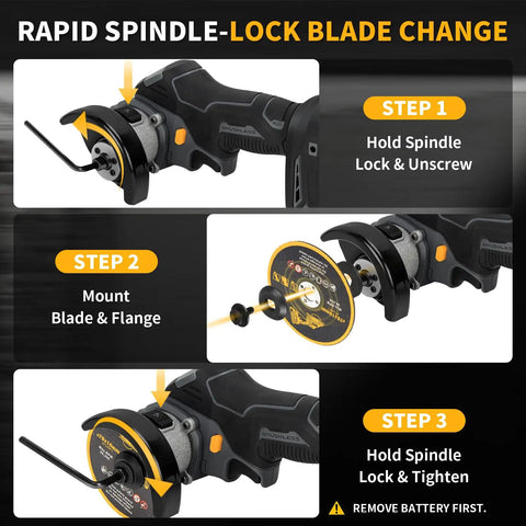 Step-by-step guide for using 3 Inch Cordless Cut Off Tool And Brushless Mini Circular Saw With Two 4ah Batteries for blade change.