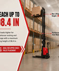 Heavy Duty Semi Electric Pallet Stacker High Lift Pallet Jack Boasts 3500 Lbs Capacity And 95 Inch Reach For Top Shelf Access in a warehouse setting.