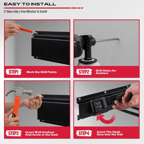 Heavy Duty Garage Wall Organizer With Adjustable Hooks Wall Mount Tool Rack For Garden Gear Holds Up To Three Hundred Pounds installation steps including marking drill points and inserting anchors.