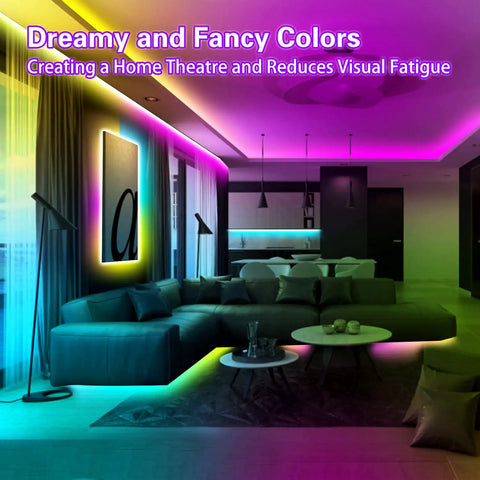 Living room with 50ft Color Changing LED Strip Lights With Bluetooth Music Sync illuminating walls in vibrant colors.