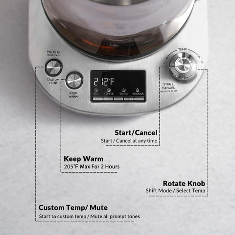 Electric Tea Kettle With Removable Infuser, 9 Preset Brewing Programs, control panel with display and buttons for settings.