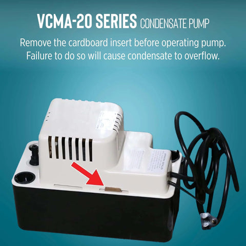 Image of 115 Volt Automatic Condensate Removal Pump For HVAC Refrigeration And Dehumidifiers With 80 GPH Capacity, 1/30 HP Thermally Protected Motor, Vertical Type Switch To Minimize Footprint, Overflow Detection Switch, 6 Foot Cord White And Black Model 554425 from the front.