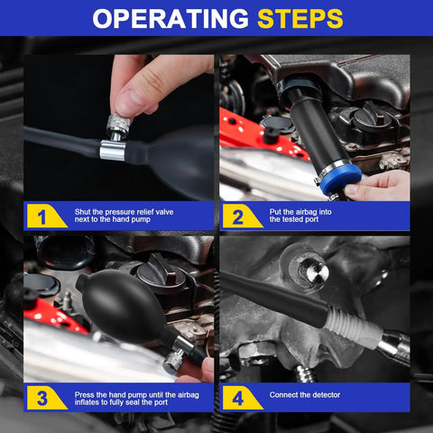 Four-step guide showing Two Piece Universal Intake Adapter For Automotive Smoke Machine Smoke Leak Tester with inflatable bladder.