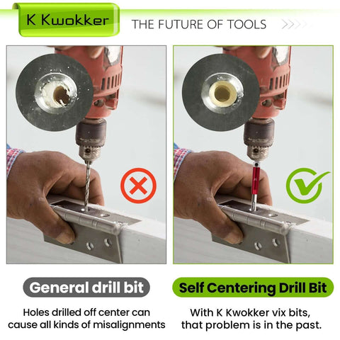 K Kwokker self-centering drill bit set: two-panel comparison, left off-center hole, right centered hole in hinge plate