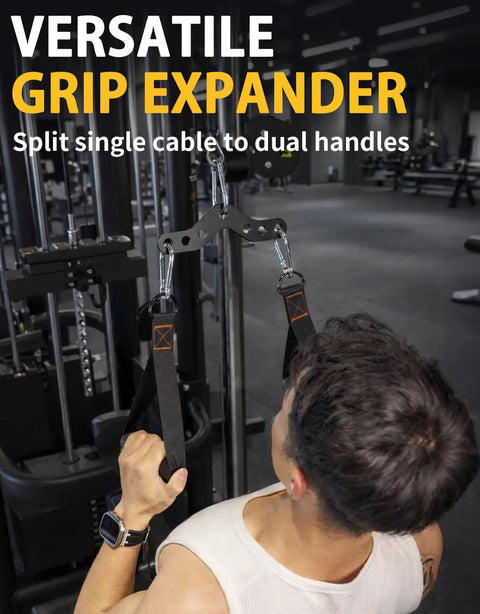 Heavy Duty 2 to 1 Cable Attachment Adapter with Adjustable Lat Pulldown Bar for Cable Machines, viewed in use with dual handles.