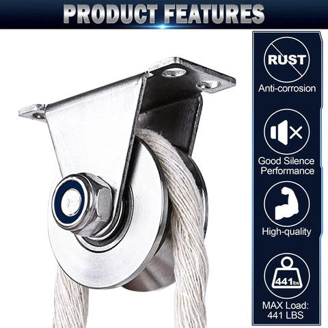 Stainless Steel V Groove Pulley Wheel 2 Pack Tough As Nails Cable Roller 1.89 Inch showcasing durable bearing and rope.