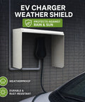 Kickass Wall Mount Weatherproof EV Charger Cover with sun shade protects against rain, mounted on a textured wall.