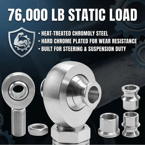 1 Inch Bore Heat Treated Chromoly Steel Heim Joint Rod End Kit With Right Hand Thread Jam Nuts And Tube Adapters For Heavy Duty Suspension Builds Built Like A Tank For Street Racing And Daily Cruising. Close-up of stainless heim joint with thread and adapters.