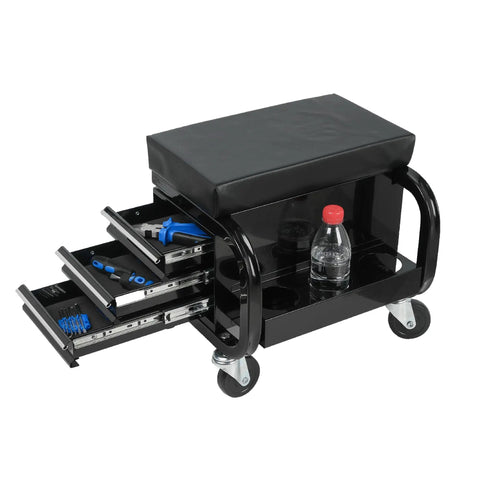 Heavy Duty Rolling Tool Box With Three Built In Drawers Paired With Comfy Mechanic Stool Rock Solid Steel Frame showing tool storage.