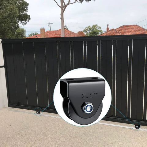 Sliding gate showing Four Pack V Groove Caster Two Point Five Inch Wheel Sliding Gate Wheel Rigid Caster For Rolling Gates