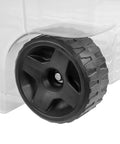 Close-up of oversized swivel caster wheel from Slick Rolling 2 Pack 160 Quart Heavy Duty Storage Totes with a sturdy design.