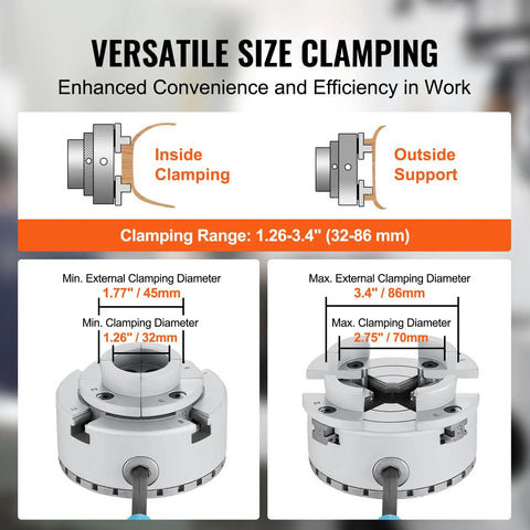 Four Jaw Lathe Chuck Three Point Seven Five Inch Diameter Self Centering Tool showing versatile size clamping range 1.26-3.4 inches