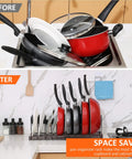 Before and after image showing Level Up Your Kitchen Setup With This Expandable Under Cabinet Pot And Pan Lid Organizer Rack crafted from solid iron.