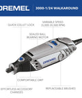 All Purpose Corded Variable Speed Rotary Tool Kit With 6 Speeds, 1 Attachment, 25 Accessories, Case shown in close-up with features.