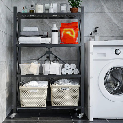 Nix The Clutter With This Game Changing Heavy Duty Folding Metal Organizer Shelf In Crisp White Featuring Three Tier Durable Wire Rack Versatile Display Stand And Multi Purpose Bookshelf For Home in a modern laundry setting.