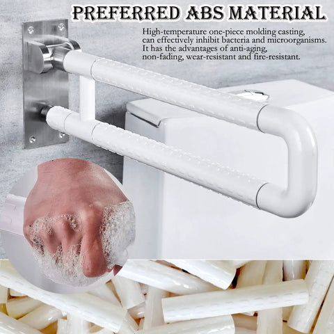 Built Tough Twenty Eight Inch Flip Up Toilet Grab Bar With Rock Solid Stainless Core And No Slip Abs Handle For Wall Mount Bathroom Setup Easy Secure Install For Seniors Or Post Surgery Recovery White, ABS material close-up.