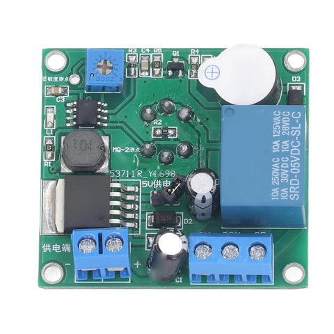 MQ 2 Smoke Sensor Module With Buzzer Alert And Relay Switch, green circuit board with components for smoke detection.