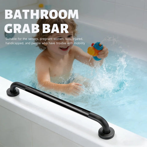 Heavy Duty Two Pack 24 Inch Shower Grab Bar Tough As Nails 1 Point 25 Inch Diameter Matte Black 304 Stainless Steel Knurled Safety Handrail For Seniors And Mobility Support in bathtub with child.