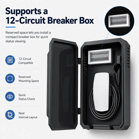 Built Like A Tank Ev Charger Enclosure For Outdoor Wall Mount Boxes With Tight Locking Lid showing inner layout and breaker box support.