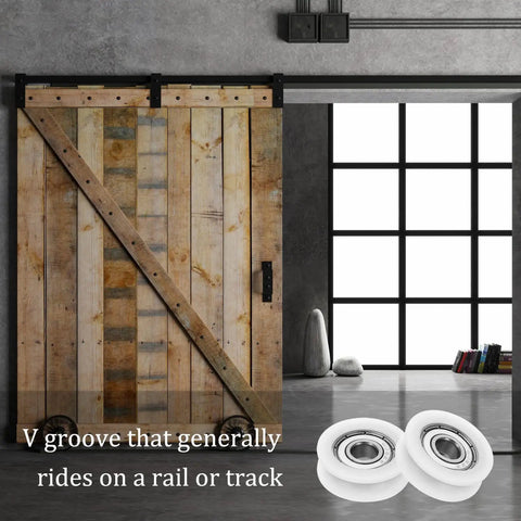 Kickass 10 Pack Nylon U Groove Ball Bearings With Solid Chrome Steel Core Fits 8 Millimeter Shafts next to a sliding wooden barn door.