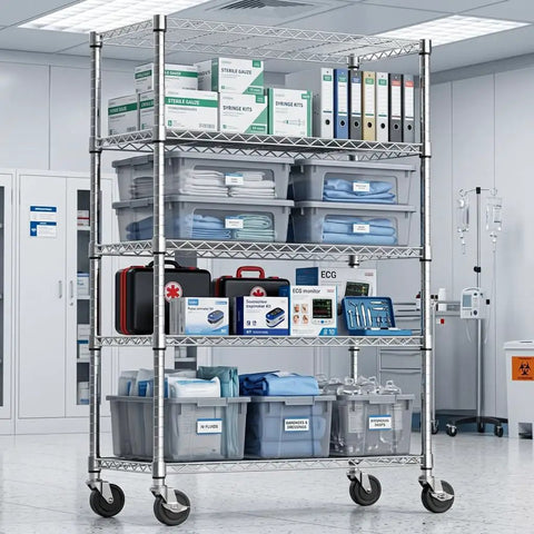 Tough As Nails Five Tier Chrome Wire Shelving Rack With Locking Casters And Nsf Certification For Kitchen Garage Or Home Office Storage Up To Three Hundred Fifty Pounds Per Shelf, organizing medical supplies.