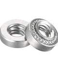 Stainless Steel Self-Clinching Rivet Nut Round Head Size 8-32 Thread With 0.12 Inch Length 100 Pack displaying two nuts with a shiny finish.