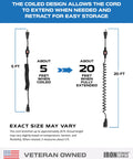 Built Tough 16 Gauge Black Coiled Extension Cord 20 Feet 3 Prong With Waterproof On Off Switch showing coiling and length options.