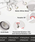 Dope Four Light Track Lighting Kit With Adjustable Heads And GU10 Sockets showing rotation angles and matte white finish