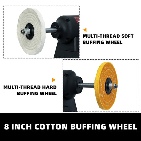 Heavy Lifter Eight Inch Benchtop Buffer Polisher With One Horsepower VFD Variable Speed Motor Giving A Dang Smooth Nine Hundred To Three Thousand Six Hundred Rpm Run For Zero Fuss Surface Polish Work, showcasing soft and hard cotton buffing wheels.