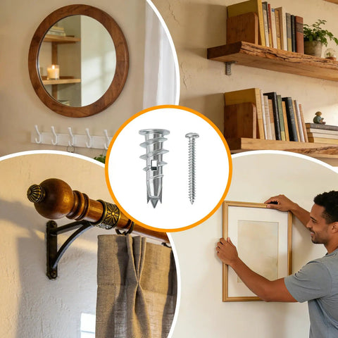 Built Tough Heavy Duty Zinc Alloy Drywall Anchors With Self Drilling Screws displayed with mirror, shelves, and a person hanging a frame.