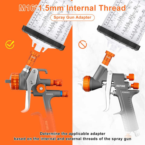 Heavy Duty M16x1.5 Thread Spray Gun Cup Adapter shown attached to a spray gun, demonstrating compatibility with AeroPro R500 systems.