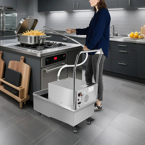 Heavy Duty Commercial Fryer Oil Filter Machine With Cart 55L Stainless Steel Storage Tank 550W Motor in kitchen.