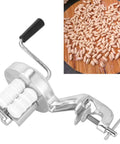 Stainless Steel Hand Pressed Macaroni Machine For Fresh Homemade Pasta With Slick Ergonomic Handles And No Sweat Manual Noodle Press For Busy Household Kitchens, side view with crank handle.