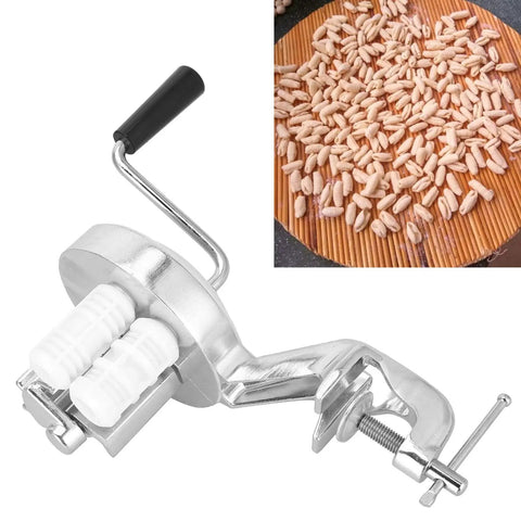 Stainless Steel Hand Pressed Macaroni Machine For Fresh Homemade Pasta With Slick Ergonomic Handles And No Sweat Manual Noodle Press For Busy Household Kitchens, side view with crank handle.