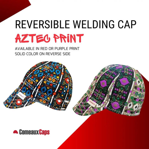 Reversible Welding Cap With Aztec Print On One Side And Solid Color On The Other 6 Panel 100 Percent Cotton Work Hat For Welders