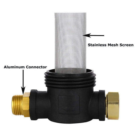 Inline Garden Hose Water Filter For Pressure Washer With Sediment Strainer And Two Extra 100 Mesh Screens Plus Heavy Duty Gasket Set For Straight Plug Ease And Works Like A Champ Outdoors with aluminum connector and stainless mesh screen.