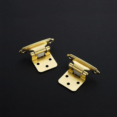Heavy Duty Gold Overlay Cabinet Hinges 1/2 Inch Face Frame Model With Quiet Cushion Bumpers And Rust Proof Screws For Solid Kitchen Remodels No Hassle Setup showing two gold hinges on a black background.