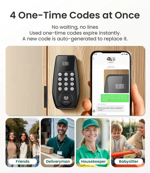 Rock Solid Keyless Entry Door Lock With Bright Touchscreen And Auto Lock showing one-time codes feature with smartphone and keypad.